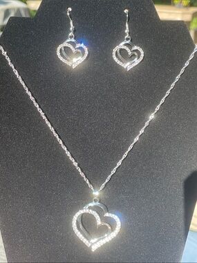 Silver Heart Pendant Necklace, Bracelet, Earrings Set - Double Heart Design B34